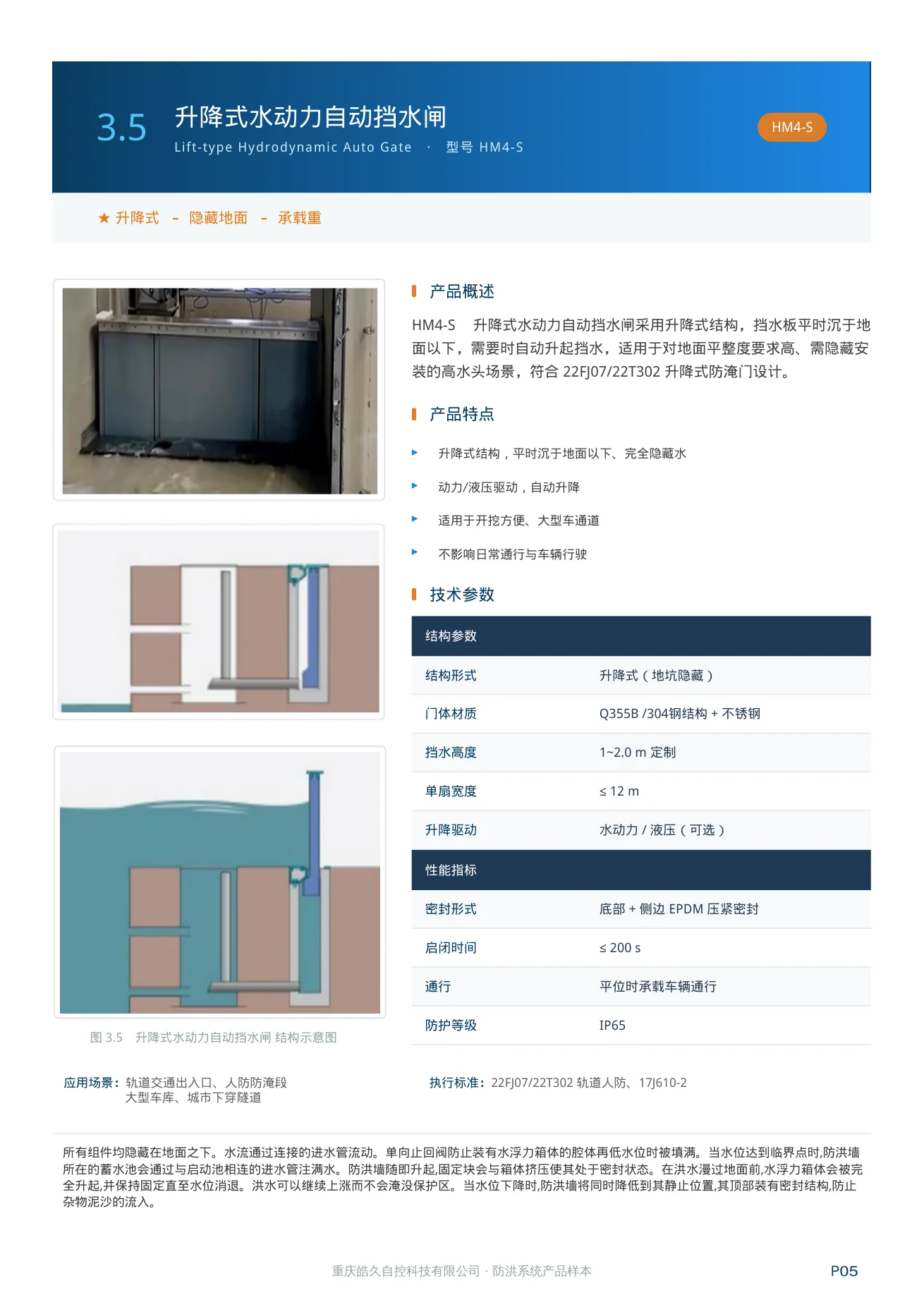 升降式水动力自动挡水闸 HM4-S 产品特点、技术参数和应用场景